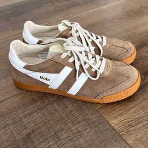 Gola Women's Tan and White Sneakers with White Stripes